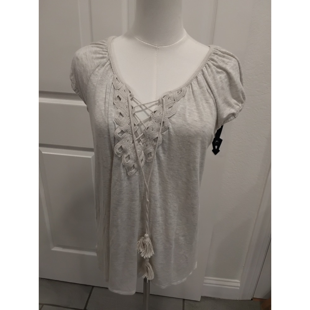 Max Studio Womens Grey Lace Up Crochet V-Neck Tassel Blouse Top Small